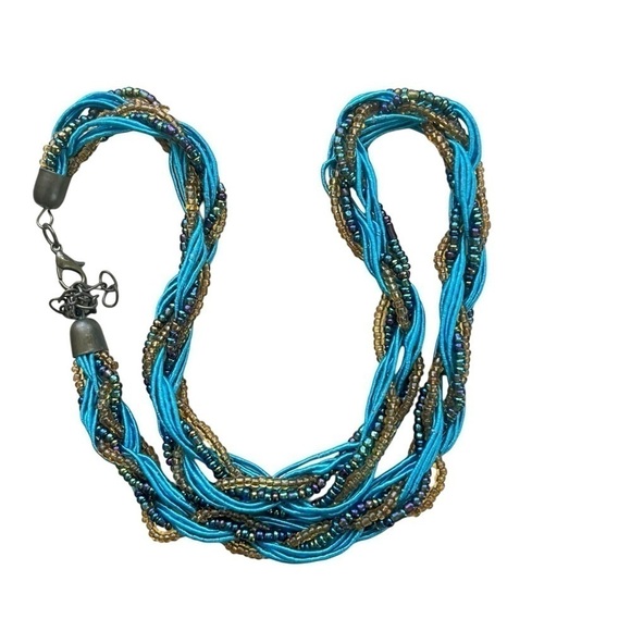 Braided vintage retro style turquoise gold and rainbow strands necklace 19 in - Picture 4 of 11